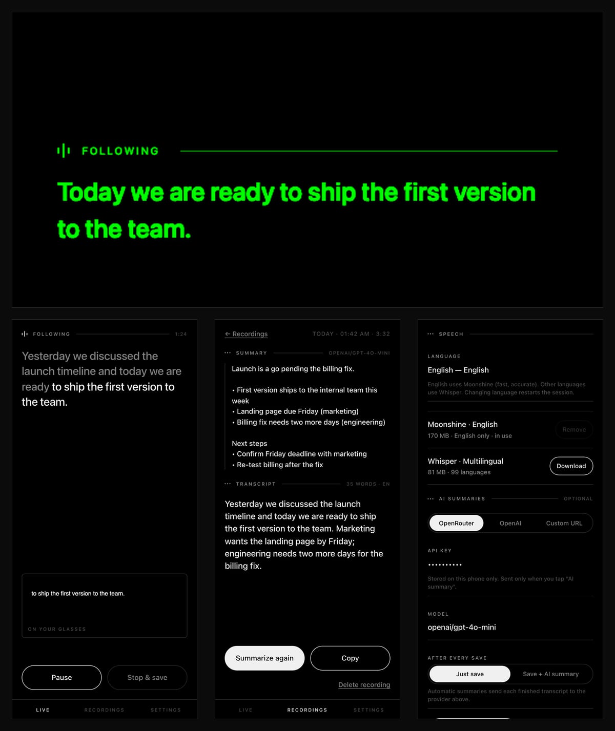 The lens with a green caption, and three phone screens: live transcript, a saved recording with its summary, and settings