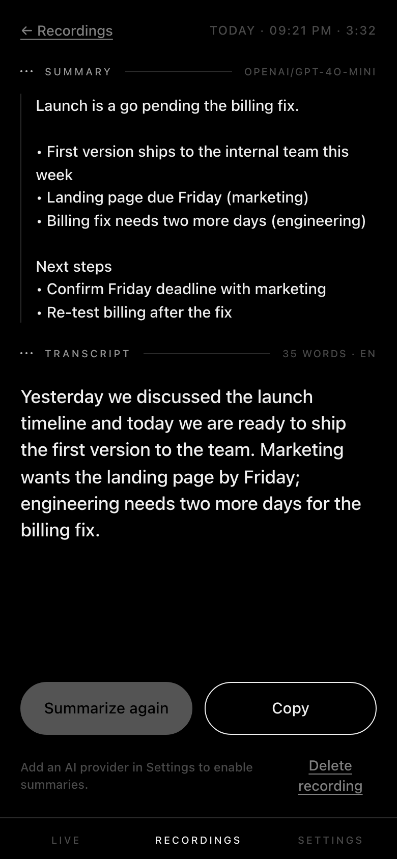 A saved transcript and summary in Hyperscribe
